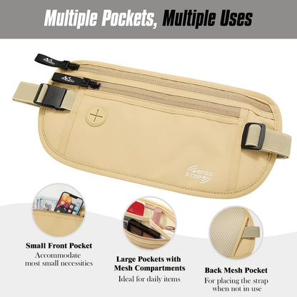 Travel Money Belt, Hidden RFID Blocking Passport Wallet, Black | Slim money belt has three pockets, breathable backing, water-resistant nylon, and an adjustable 28-50 in waist strap