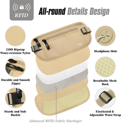 Travel Money Belt, Hidden RFID Blocking Passport Wallet, Black | Slim money belt has three pockets, breathable backing, water-resistant nylon, and an adjustable 28-50 in waist strap