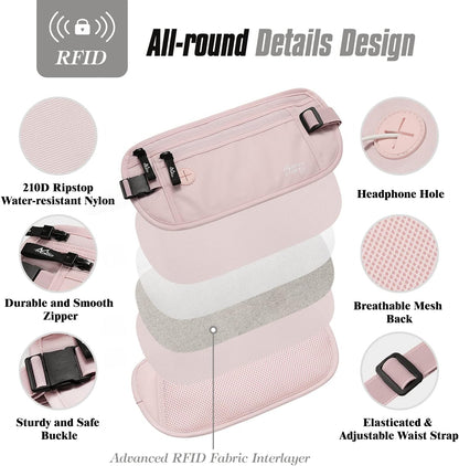 Travel Money Belt, Hidden RFID Blocking Passport Wallet, Black | Slim money belt has three pockets, breathable backing, water-resistant nylon, and an adjustable 28-50 in waist strap