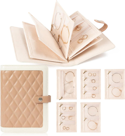 Jewelry Travel Organizer Case -5 Pouch Jewelry Roll for Necklaces, Rings, Earrings Jewelry Storage Ring Binder PU Leather for Women (Beige & White)