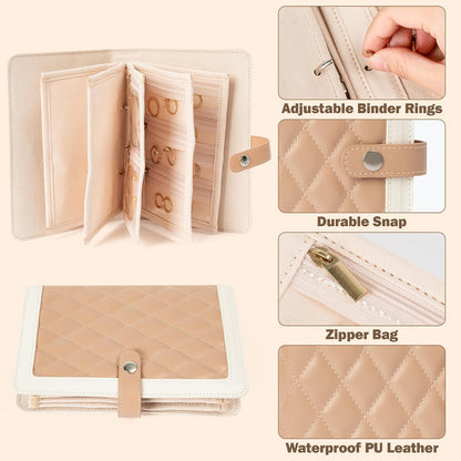 Jewelry Travel Organizer Case -5 Pouch Jewelry Roll for Necklaces, Rings, Earrings Jewelry Storage Ring Binder PU Leather for Women (Beige & White)