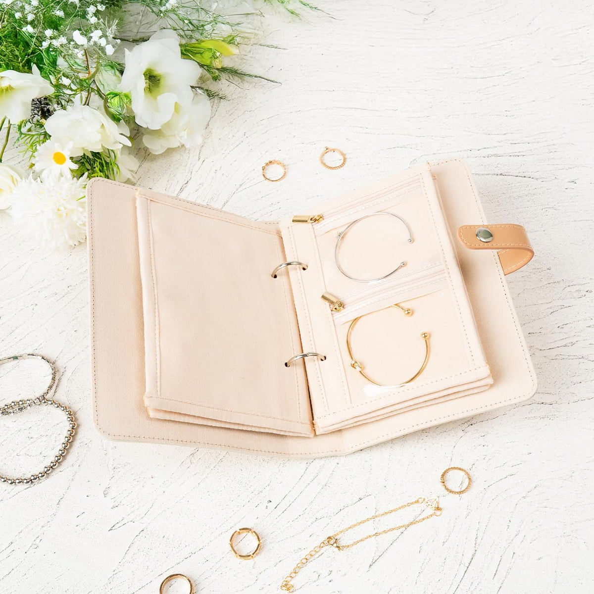 Jewelry Travel Organizer Case -5 Pouch Jewelry Roll for Necklaces, Rings, Earrings Jewelry Storage Ring Binder PU Leather for Women (Beige & White)