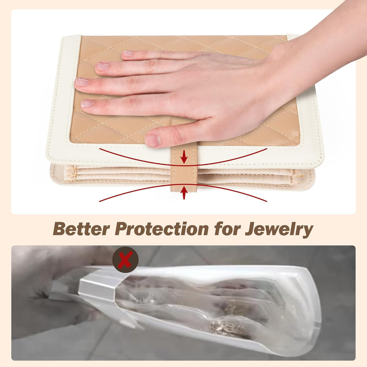 Jewelry Travel Organizer Case -5 Pouch Jewelry Roll for Necklaces, Rings, Earrings Jewelry Storage Ring Binder PU Leather for Women (Beige & White)