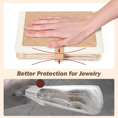 Jewelry Travel Organizer Case -5 Pouch Jewelry Roll for Necklaces, Rings, Earrings Jewelry Storage Ring Binder PU Leather for Women (Beige & White)