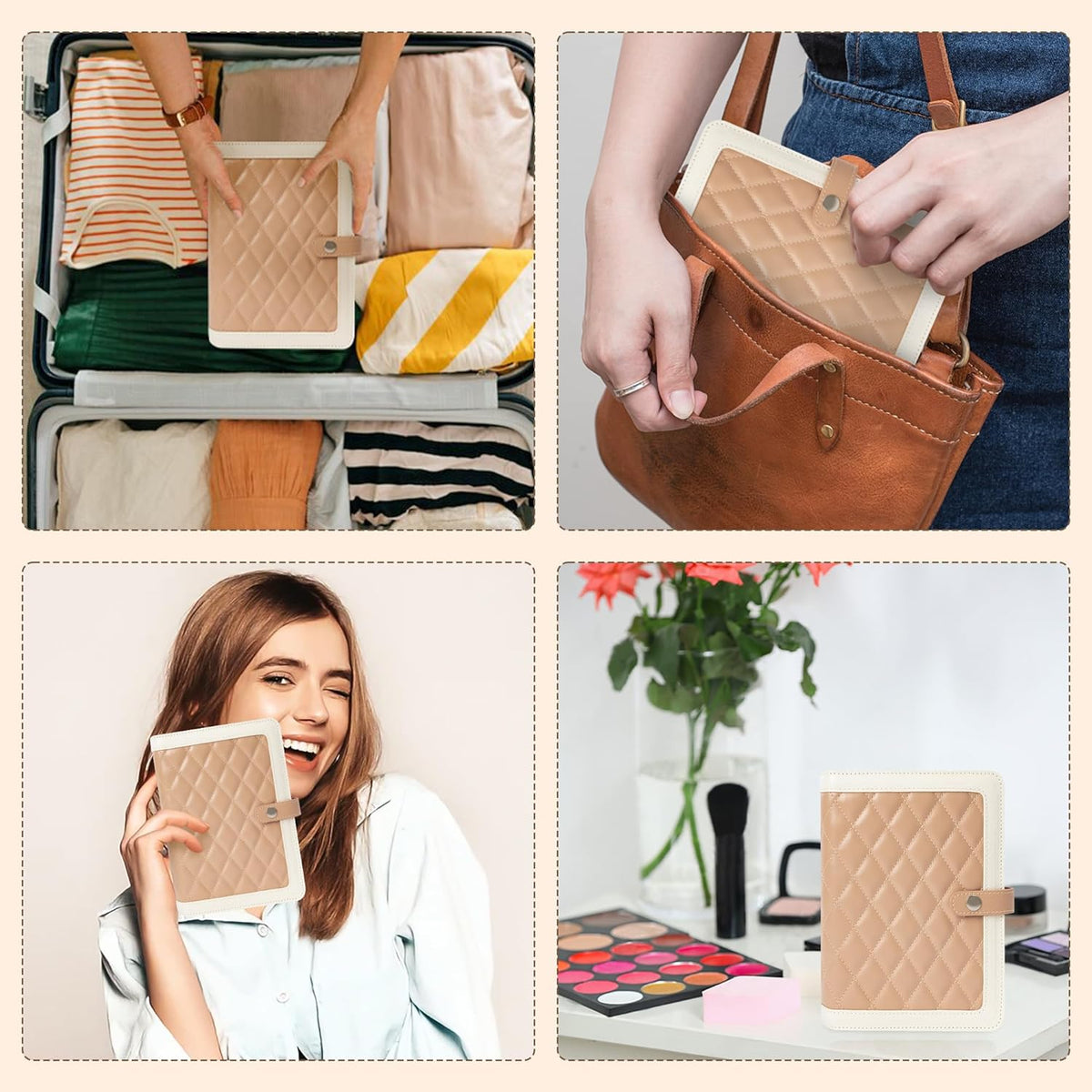 Jewelry Travel Organizer Case -5 Pouch Jewelry Roll for Necklaces, Rings, Earrings Jewelry Storage Ring Binder PU Leather for Women (Beige & White)