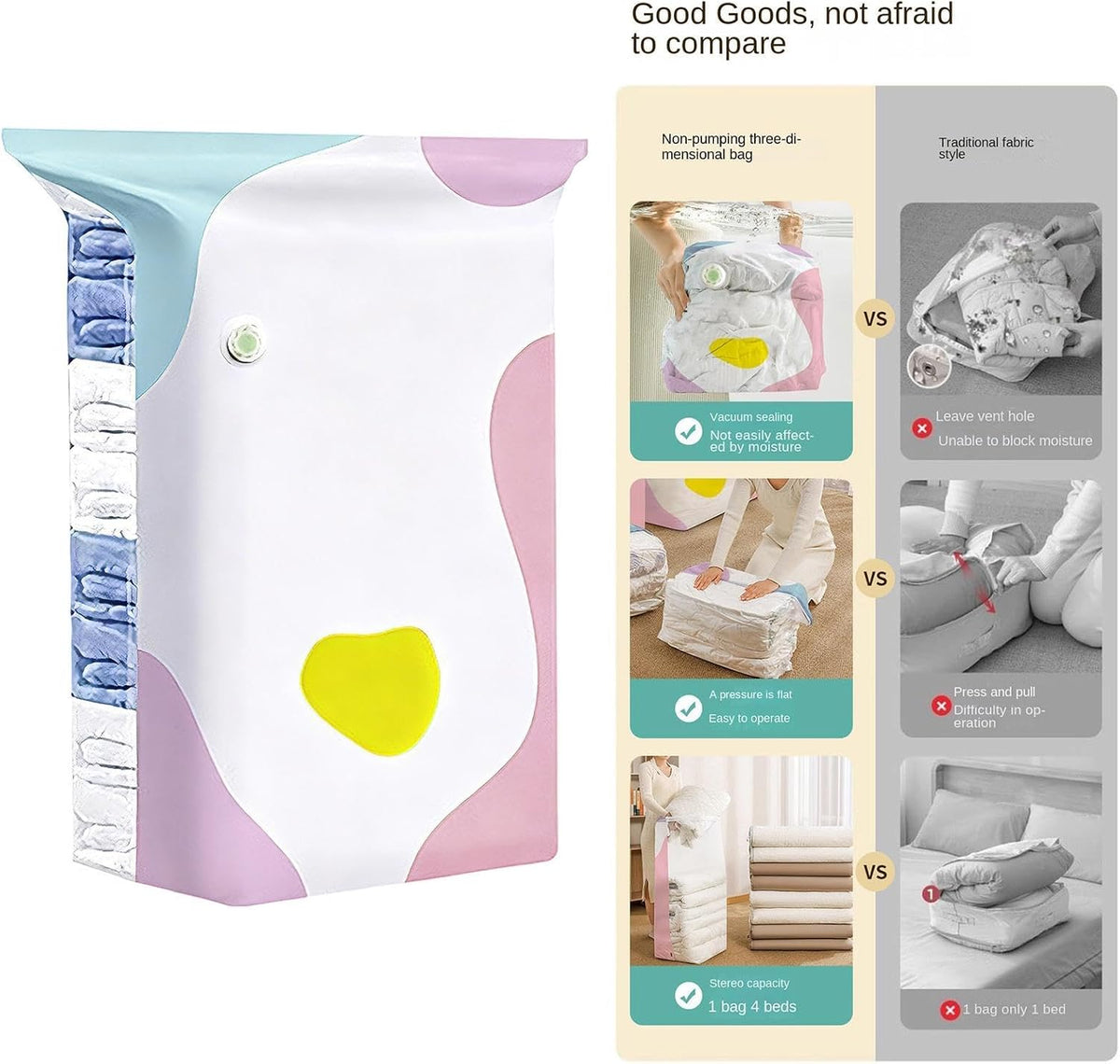 Space Saver Bags - Pump-Free 3d Vacuum Storage Bags | Thickened Pa Pe Roll-Up Compression Packing Organizer | Cube Press Seal Airtight Space Saving Bag for Clothes Blanket Mattress Wardrobe