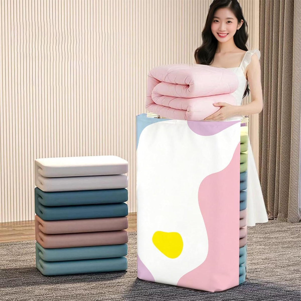 Space Saver Bags - Pump-Free 3d Vacuum Storage Bags | Thickened Pa Pe Roll-Up Compression Packing Organizer | Cube Press Seal Airtight Space Saving Bag for Clothes Blanket Mattress Wardrobe
