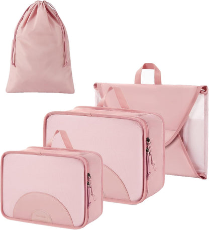 Garment Folder Packing Cubes for Travel, 4 Set Lightweight Travel Cubes for Wrinkle Free, Durable Suitcase Organizers Bag Set for Travel Essentials Baby Pink