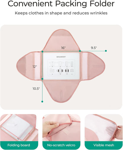 Garment Folder Packing Cubes for Travel, 4 Set Lightweight Travel Cubes for Wrinkle Free, Durable Suitcase Organizers Bag Set for Travel Essentials Baby Pink