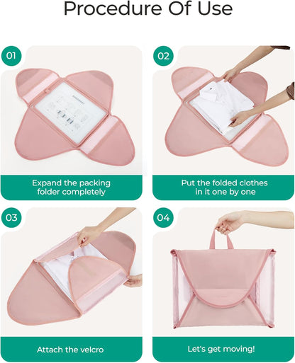 Garment Folder Packing Cubes for Travel, 4 Set Lightweight Travel Cubes for Wrinkle Free, Durable Suitcase Organizers Bag Set for Travel Essentials Baby Pink