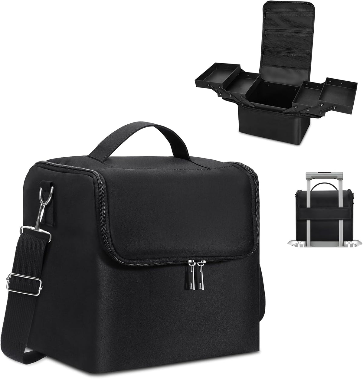 Large Makeup Carrying Train Case for Women, Black Travel Bag Storage Box,4 Tier Professional Nail Organizer Case with Adjustable Dividers for Nail Tools Jewelry MakeUp Brushes