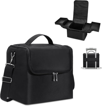 Large Makeup Carrying Train Case for Women, Black Travel Bag Storage Box,4 Tier Professional Nail Organizer Case with Adjustable Dividers for Nail Tools Jewelry MakeUp Brushes