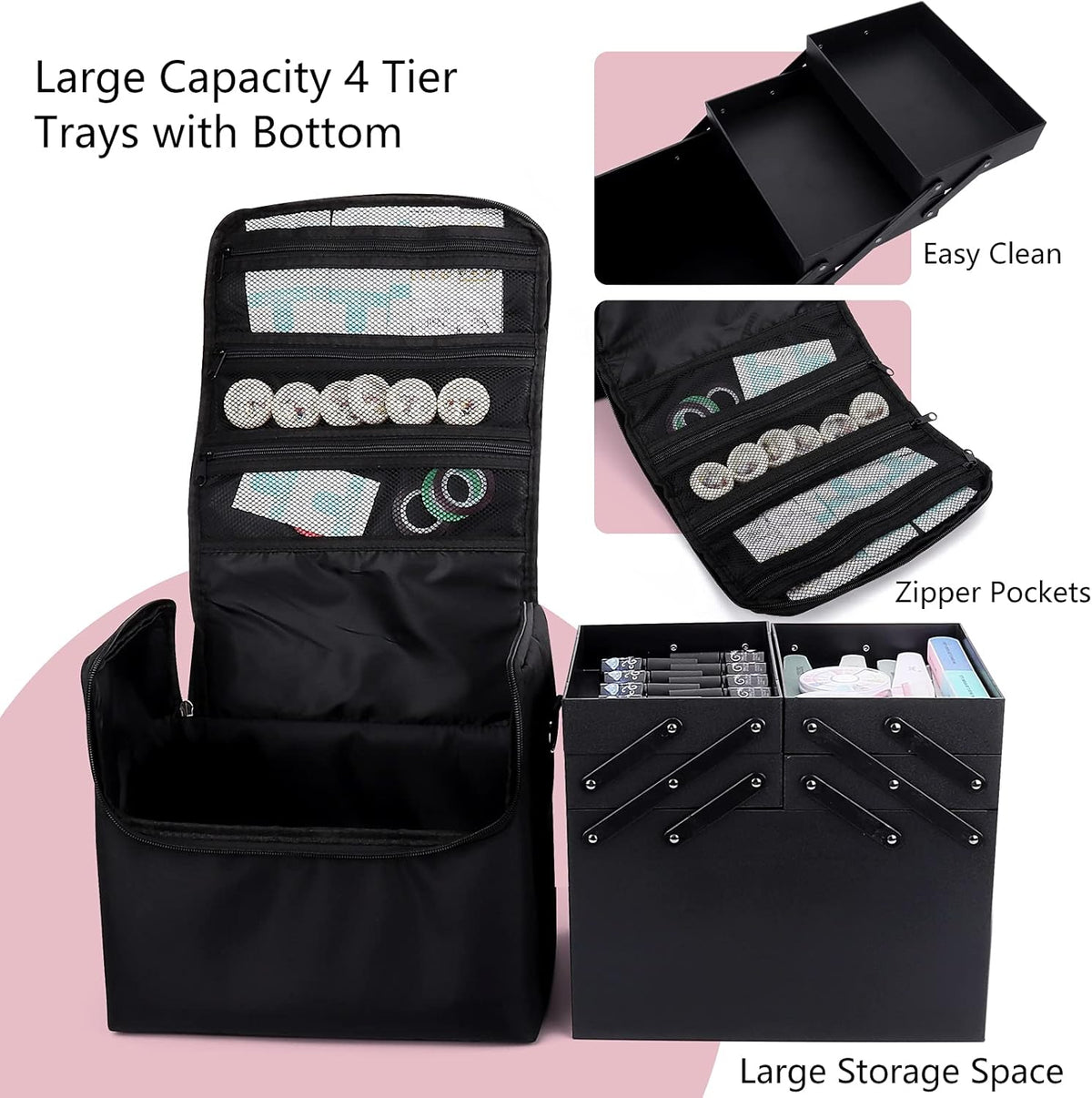 Large Makeup Carrying Train Case for Women, Black Travel Bag Storage Box,4 Tier Professional Nail Organizer Case with Adjustable Dividers for Nail Tools Jewelry MakeUp Brushes