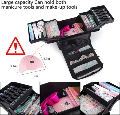 Large Makeup Carrying Train Case for Women, Black Travel Bag Storage Box,4 Tier Professional Nail Organizer Case with Adjustable Dividers for Nail Tools Jewelry MakeUp Brushes
