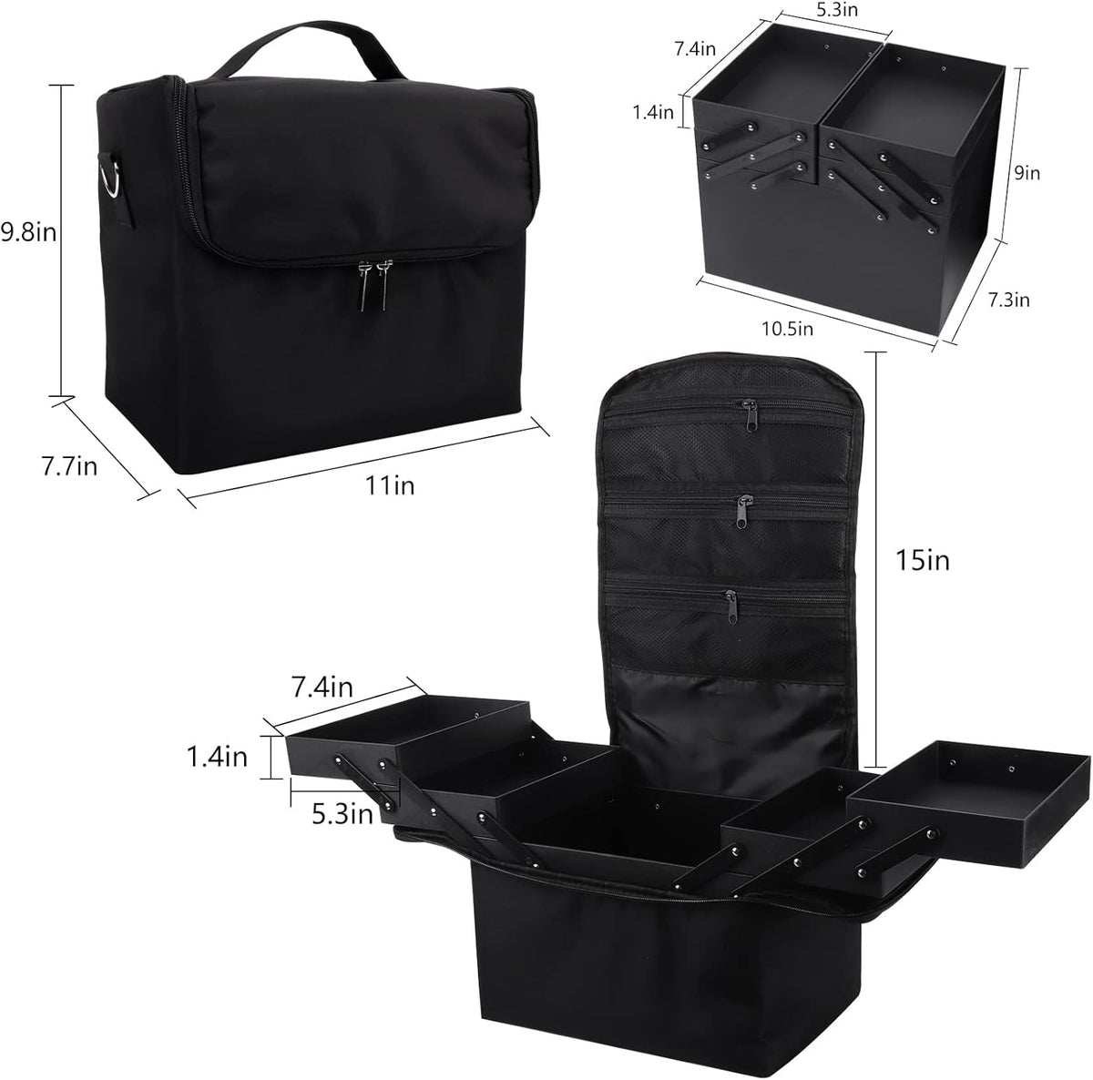 Large Makeup Carrying Train Case for Women, Black Travel Bag Storage Box,4 Tier Professional Nail Organizer Case with Adjustable Dividers for Nail Tools Jewelry MakeUp Brushes