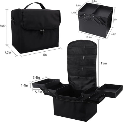 Large Makeup Carrying Train Case for Women, Black Travel Bag Storage Box,4 Tier Professional Nail Organizer Case with Adjustable Dividers for Nail Tools Jewelry MakeUp Brushes
