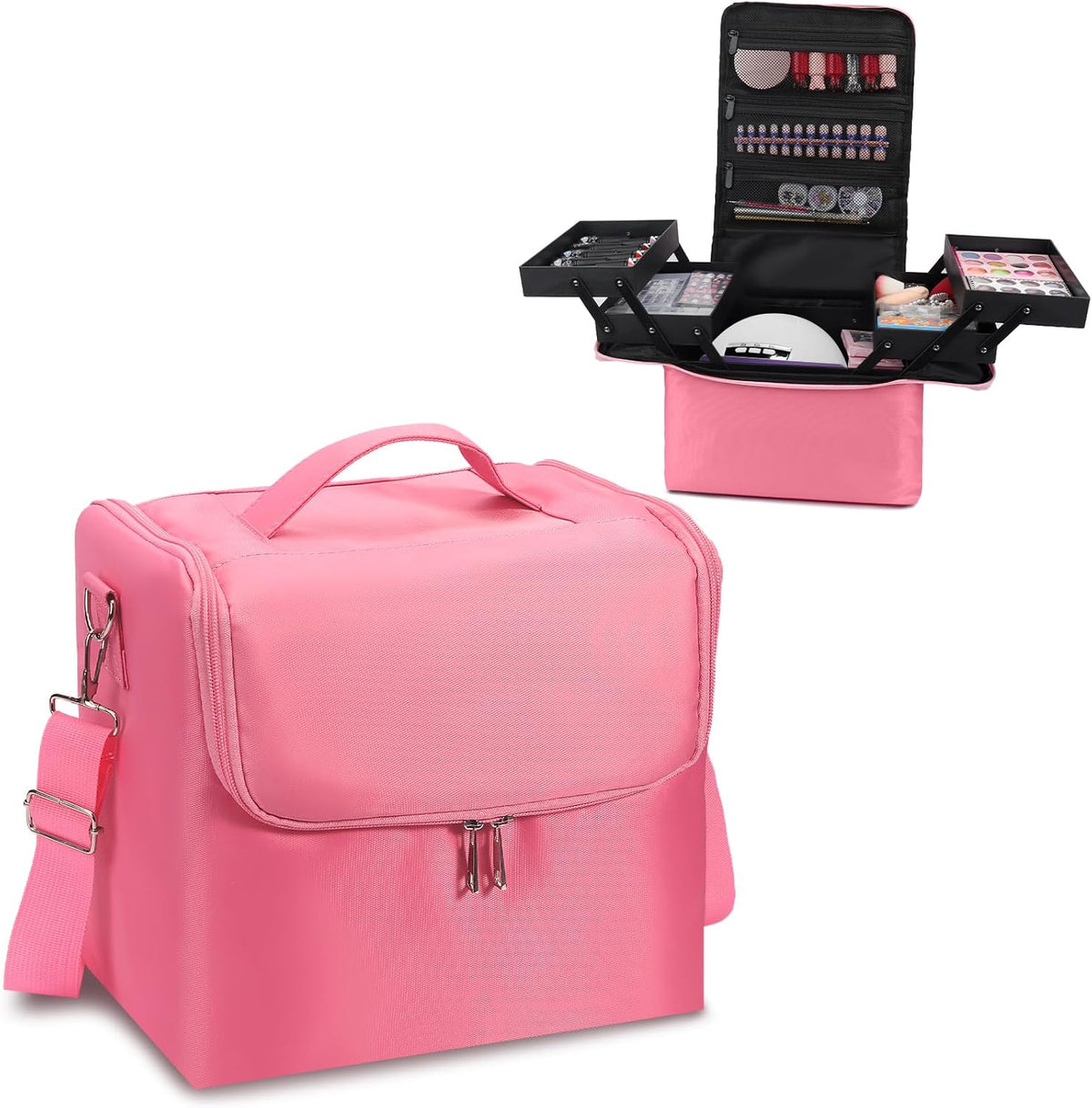 Large Makeup Carrying Train Case for Women, Black Travel Bag Storage Box,4 Tier Professional Nail Organizer Case with Adjustable Dividers for Nail Tools Jewelry MakeUp Brushes