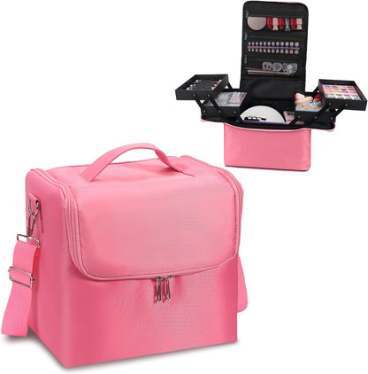 Large Makeup Carrying Train Case for Women, Black Travel Bag Storage Box,4 Tier Professional Nail Organizer Case with Adjustable Dividers for Nail Tools Jewelry MakeUp Brushes