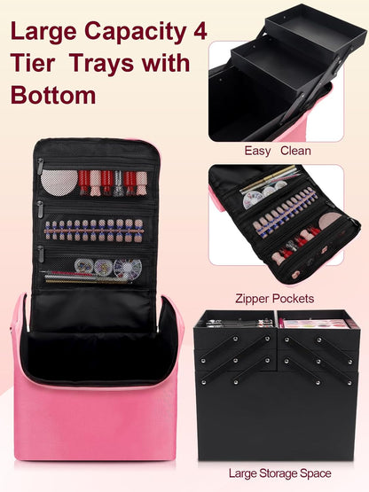 Large Makeup Carrying Train Case for Women, Black Travel Bag Storage Box,4 Tier Professional Nail Organizer Case with Adjustable Dividers for Nail Tools Jewelry MakeUp Brushes