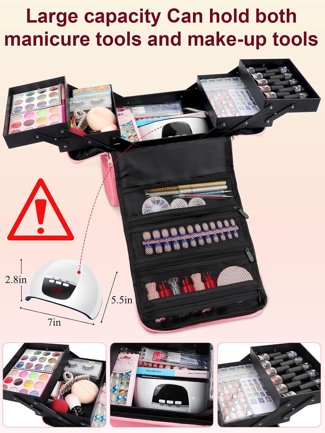 Large Makeup Carrying Train Case for Women, Black Travel Bag Storage Box,4 Tier Professional Nail Organizer Case with Adjustable Dividers for Nail Tools Jewelry MakeUp Brushes