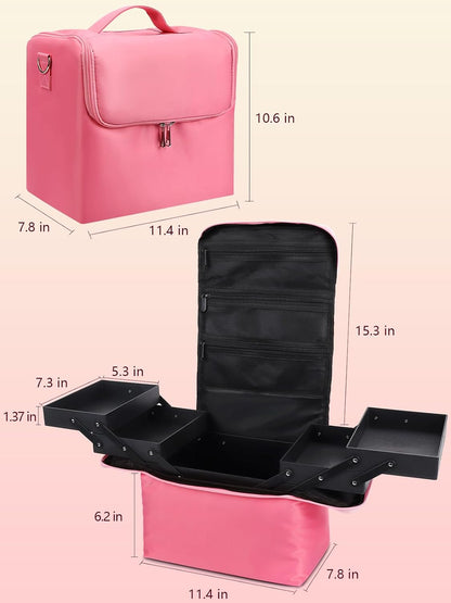 Large Makeup Carrying Train Case for Women, Black Travel Bag Storage Box,4 Tier Professional Nail Organizer Case with Adjustable Dividers for Nail Tools Jewelry MakeUp Brushes