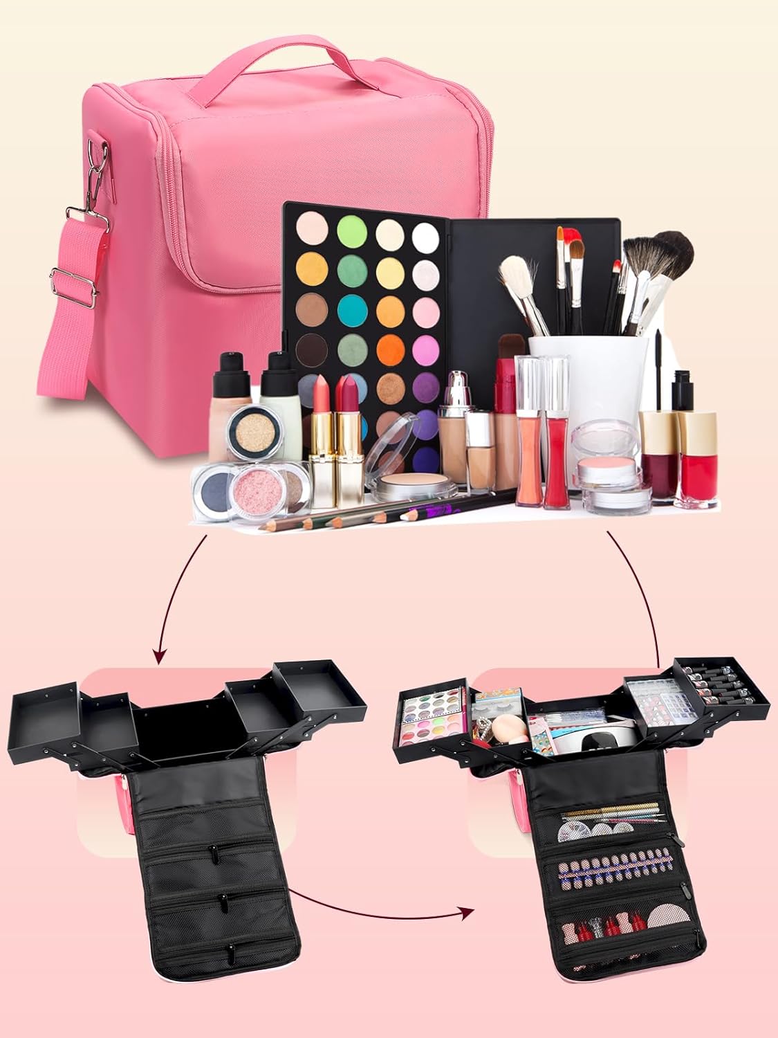 Large Makeup Carrying Train Case for Women, Black Travel Bag Storage Box,4 Tier Professional Nail Organizer Case with Adjustable Dividers for Nail Tools Jewelry MakeUp Brushes