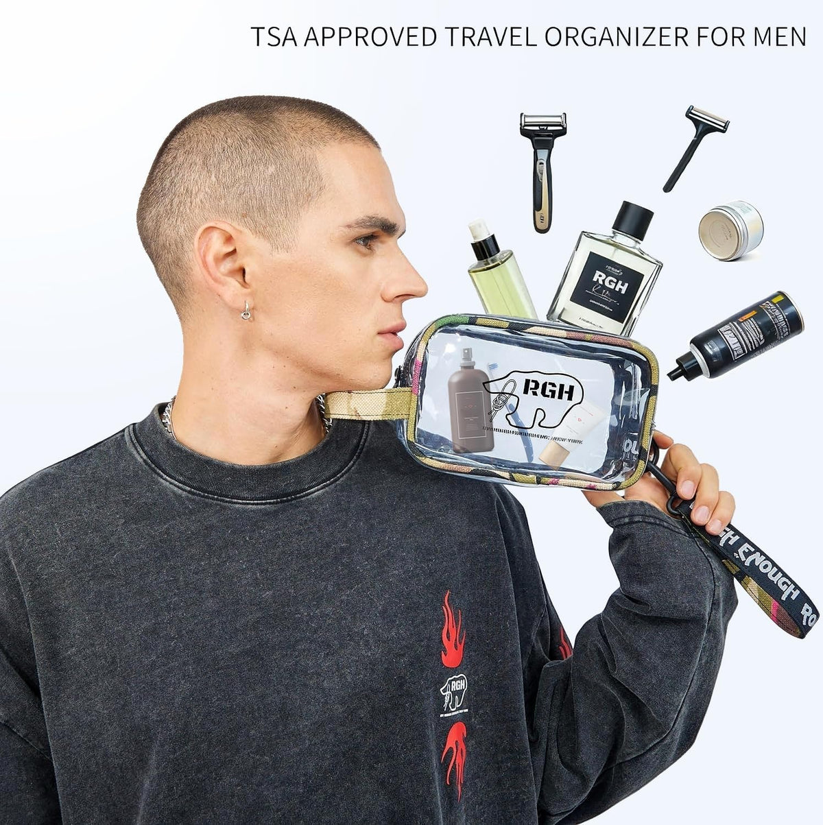 Rough Enough TSA Approved Clear Toiletry for Women Cosmetic Men Shaving Kit Bag Organizer Carry On Travel Essentials with Dry Wet 2 Compartments Quart Size Camo
