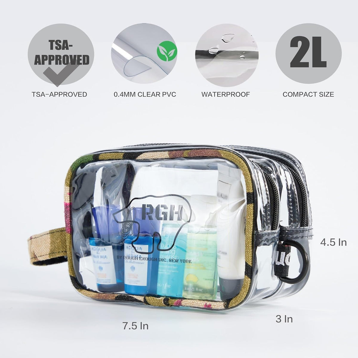 Rough Enough TSA Approved Clear Toiletry for Women Cosmetic Men Shaving Kit Bag Organizer Carry On Travel Essentials with Dry Wet 2 Compartments Quart Size Camo