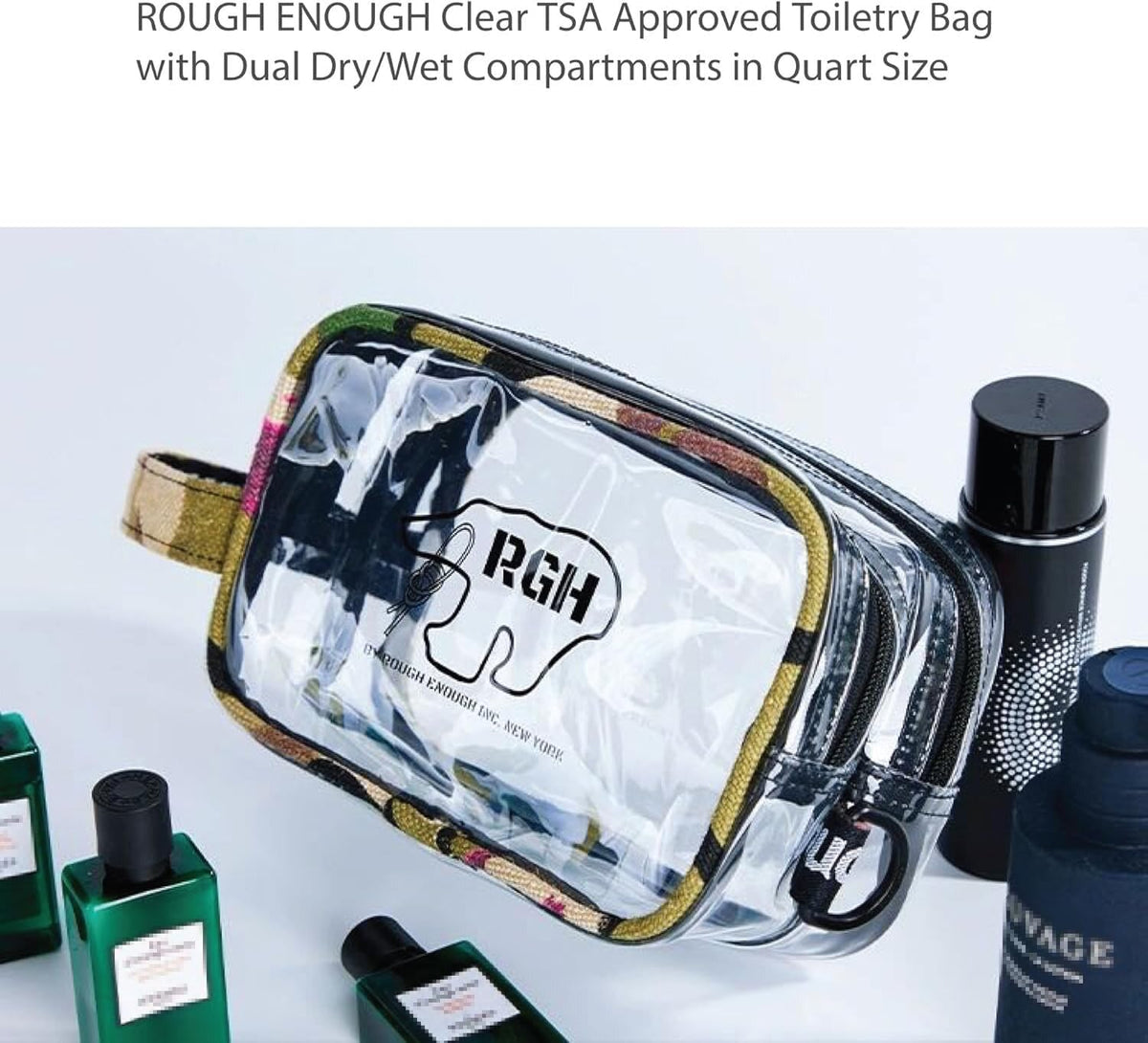 Rough Enough TSA Approved Clear Toiletry for Women Cosmetic Men Shaving Kit Bag Organizer Carry On Travel Essentials with Dry Wet 2 Compartments Quart Size Camo