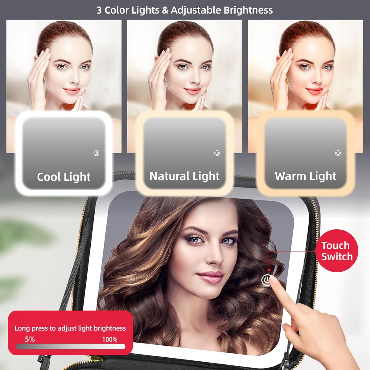Travel Makeup Bag with Mirror of LED Lighted, Makeup Train Case with Adjustable Dividers, Makeup Case with Mirror and Detachable 10x Magnifying Mirror