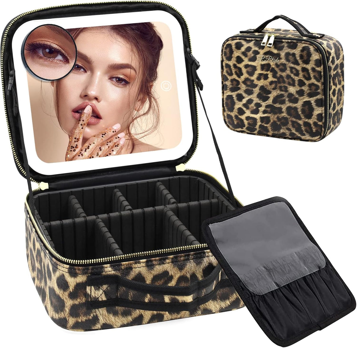 Travel Makeup Bag with Mirror of LED Lighted, Makeup Train Case with Adjustable Dividers, Makeup Case with Mirror and Detachable 10x Magnifying Mirror