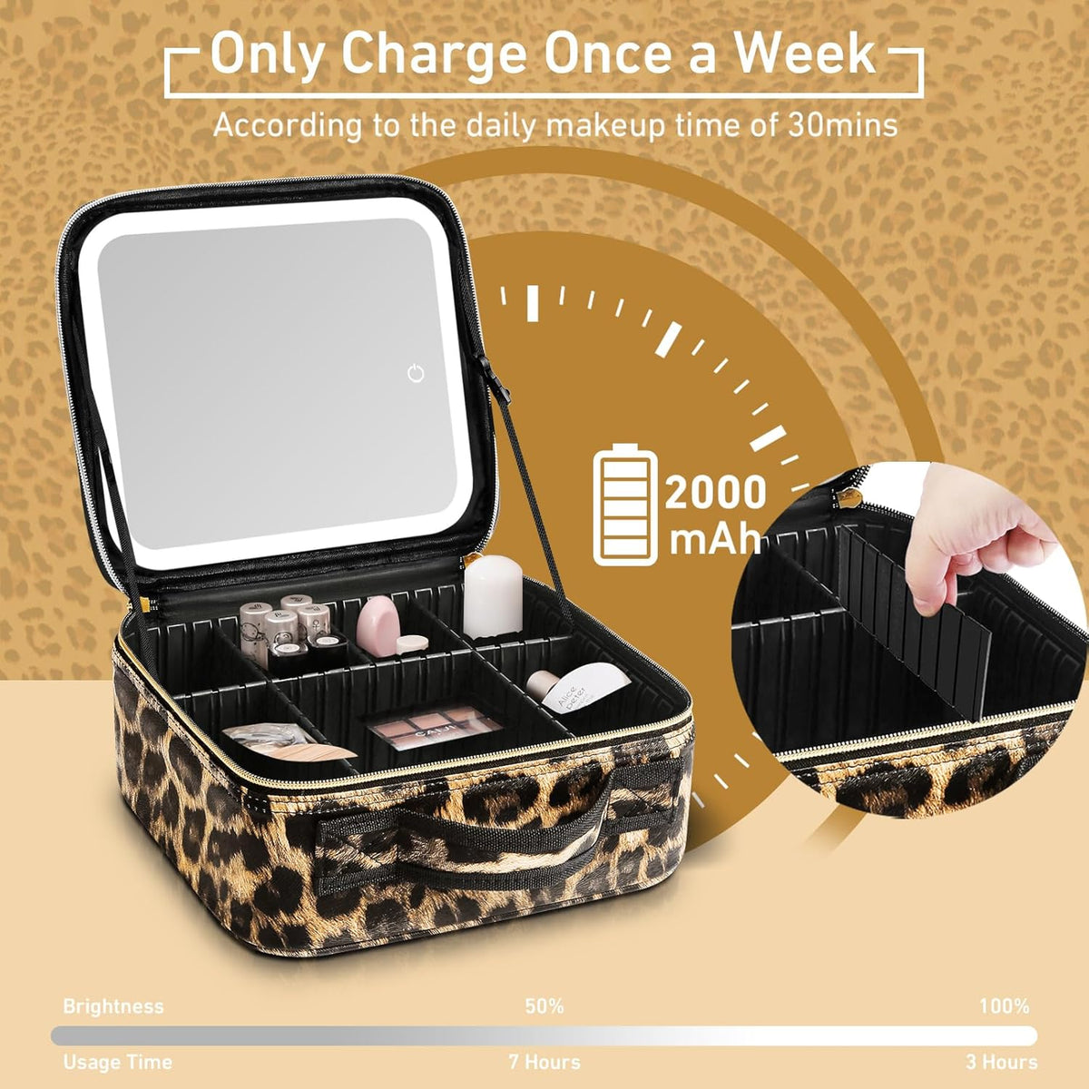 Travel Makeup Bag with Mirror of LED Lighted, Makeup Train Case with Adjustable Dividers, Makeup Case with Mirror and Detachable 10x Magnifying Mirror