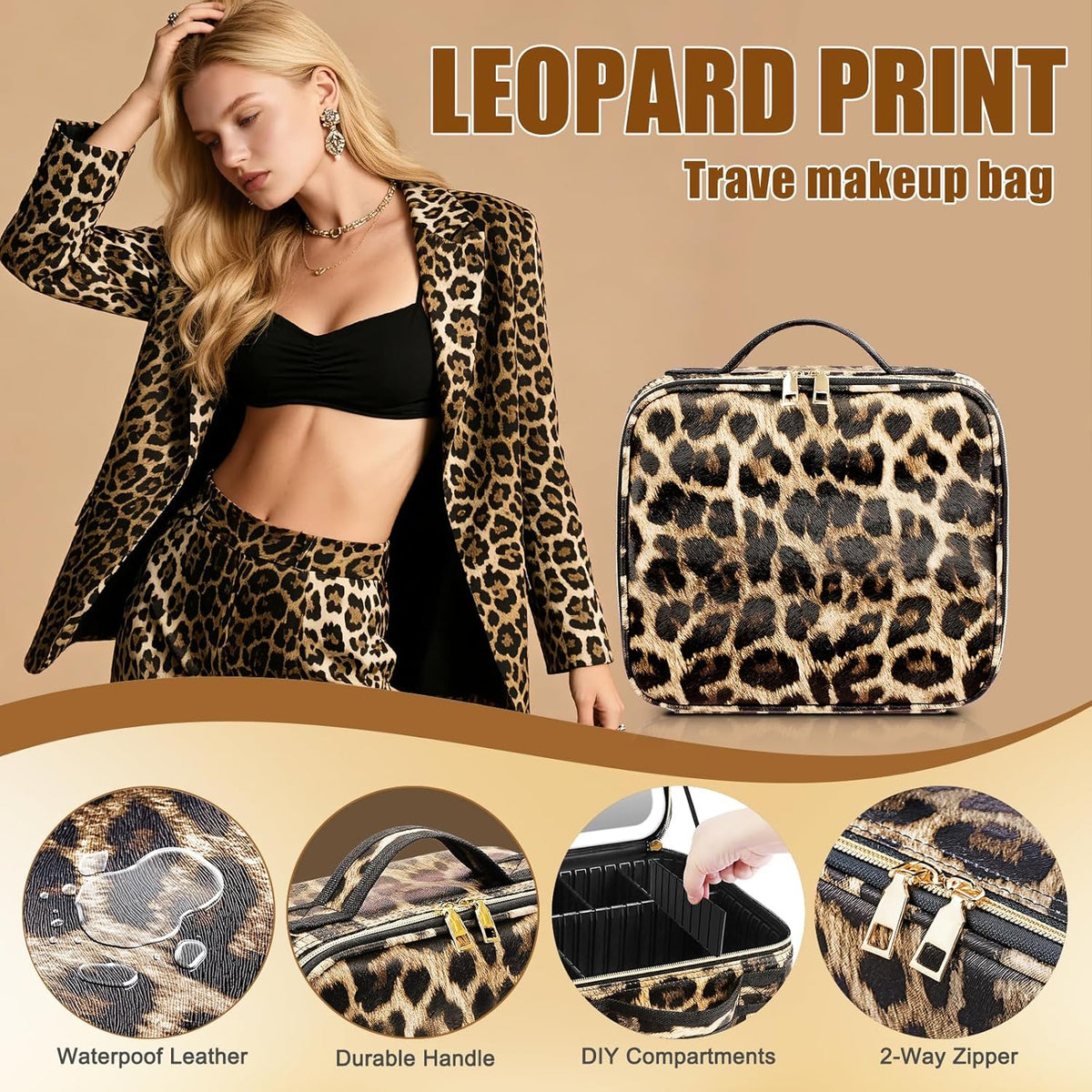Travel Makeup Bag with Mirror of LED Lighted, Makeup Train Case with Adjustable Dividers, Makeup Case with Mirror and Detachable 10x Magnifying Mirror