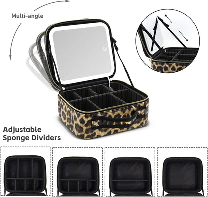 Travel Makeup Bag with Mirror of LED Lighted, Makeup Train Case with Adjustable Dividers, Makeup Case with Mirror and Detachable 10x Magnifying Mirror