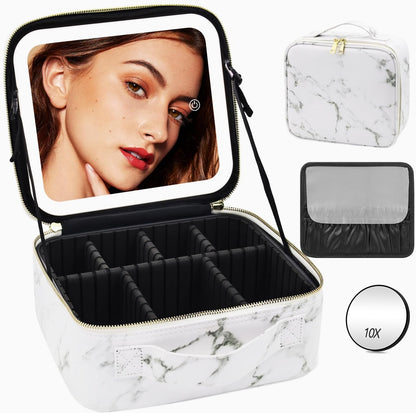 Travel Makeup Bag with Mirror of LED Lighted, Makeup Train Case with Adjustable Dividers, Makeup Case with Mirror and Detachable 10x Magnifying Mirror