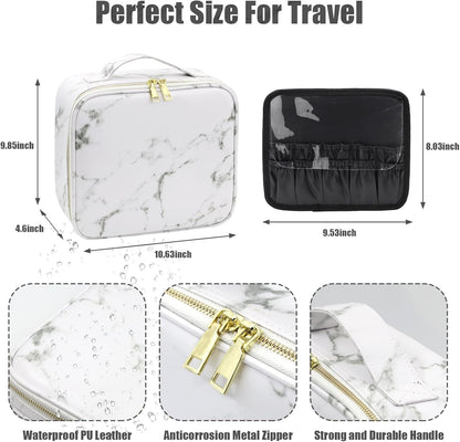Travel Makeup Bag with Mirror of LED Lighted, Makeup Train Case with Adjustable Dividers, Makeup Case with Mirror and Detachable 10x Magnifying Mirror