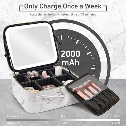 Travel Makeup Bag with Mirror of LED Lighted, Makeup Train Case with Adjustable Dividers, Makeup Case with Mirror and Detachable 10x Magnifying Mirror