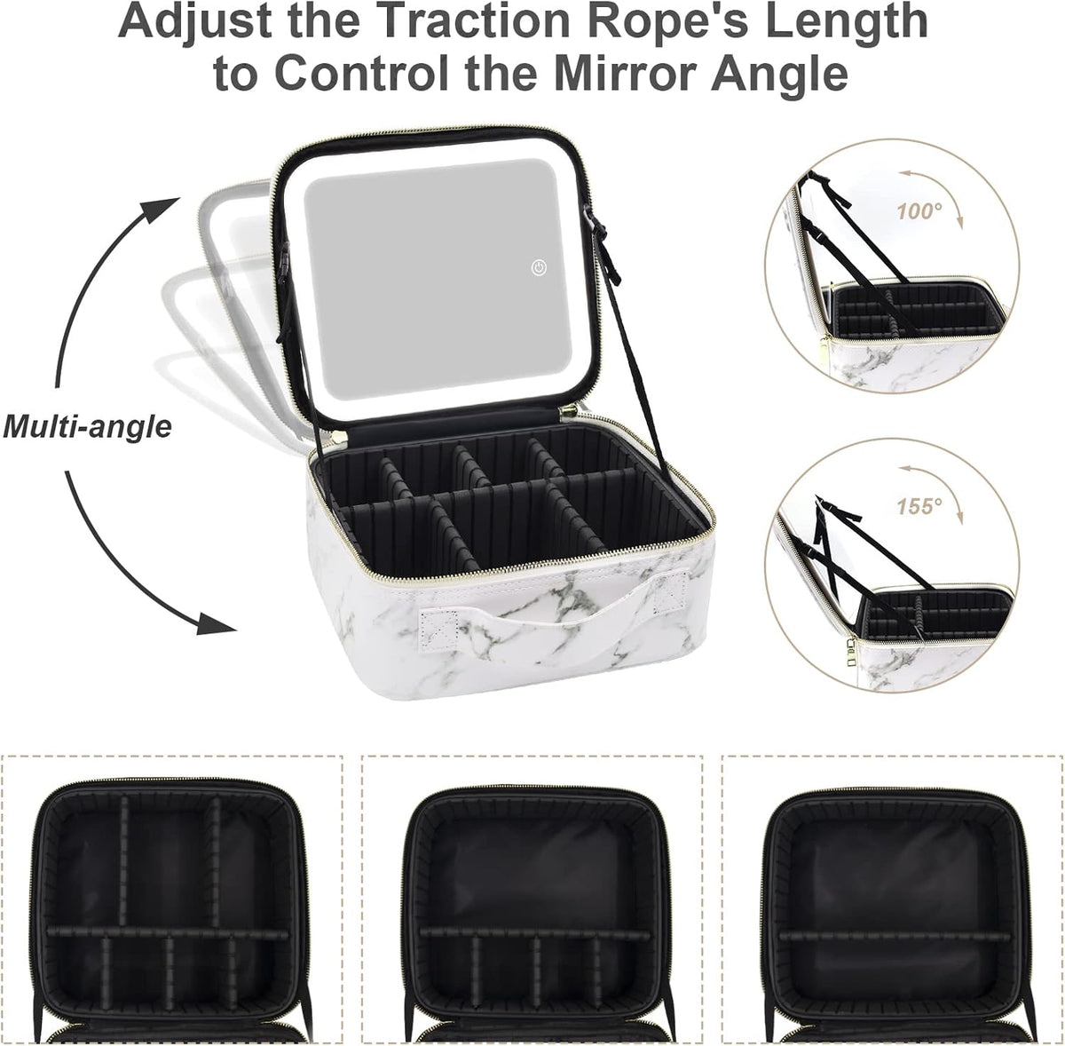 Travel Makeup Bag with Mirror of LED Lighted, Makeup Train Case with Adjustable Dividers, Makeup Case with Mirror and Detachable 10x Magnifying Mirror
