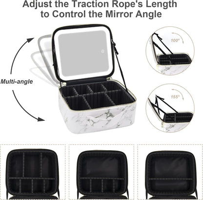 Travel Makeup Bag with Mirror of LED Lighted, Makeup Train Case with Adjustable Dividers, Makeup Case with Mirror and Detachable 10x Magnifying Mirror