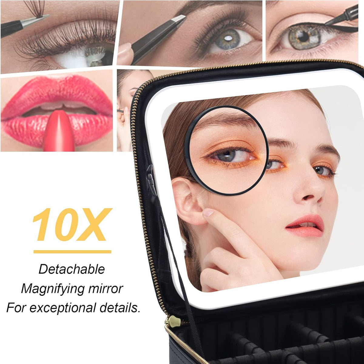 Travel Makeup Bag with Mirror of LED Lighted, Makeup Train Case with Adjustable Dividers, Makeup Case with Mirror and Detachable 10x Magnifying Mirror
