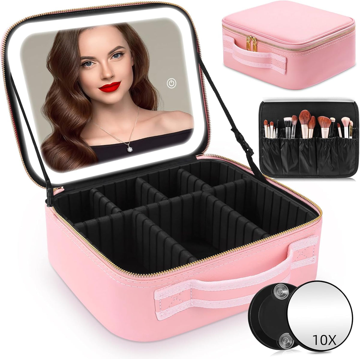 Travel Makeup Bag with Mirror of LED Lighted, Makeup Train Case with Adjustable Dividers, Makeup Case with Mirror and Detachable 10x Magnifying Mirror