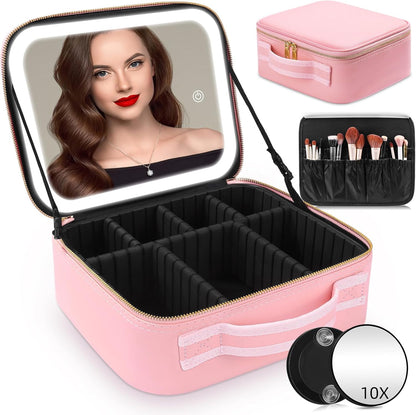 Travel Makeup Bag with Mirror of LED Lighted, Makeup Train Case with Adjustable Dividers, Makeup Case with Mirror and Detachable 10x Magnifying Mirror
