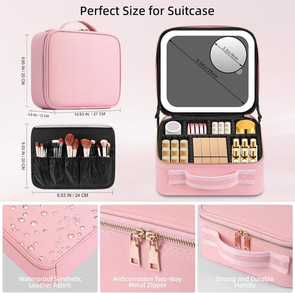 Travel Makeup Bag with Mirror of LED Lighted, Makeup Train Case with Adjustable Dividers, Makeup Case with Mirror and Detachable 10x Magnifying Mirror
