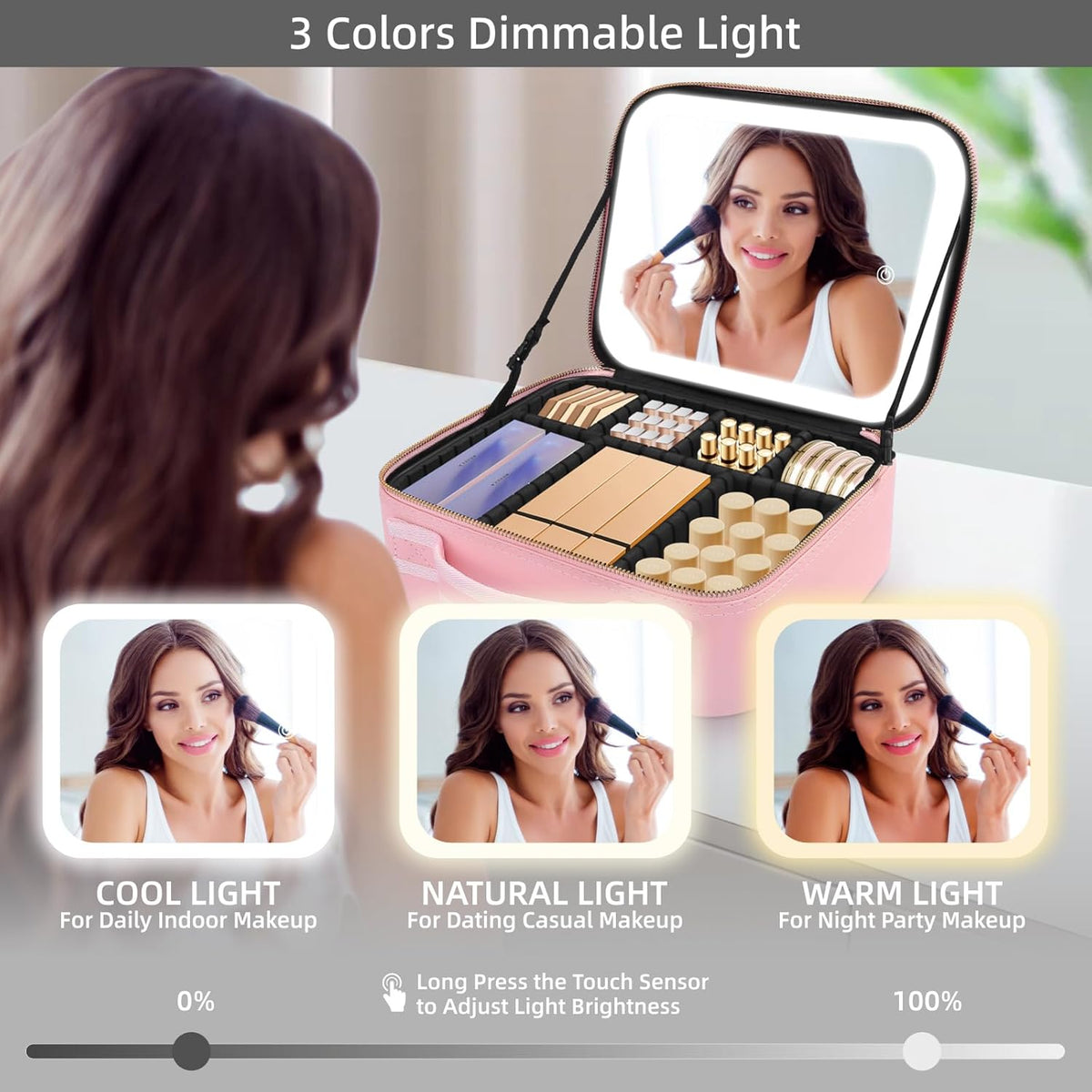 Travel Makeup Bag with Mirror of LED Lighted, Makeup Train Case with Adjustable Dividers, Makeup Case with Mirror and Detachable 10x Magnifying Mirror