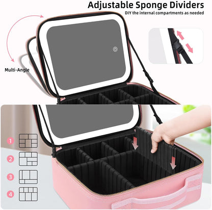 Travel Makeup Bag with Mirror of LED Lighted, Makeup Train Case with Adjustable Dividers, Makeup Case with Mirror and Detachable 10x Magnifying Mirror