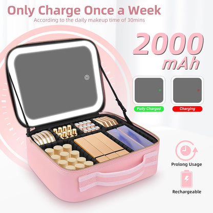 Travel Makeup Bag with Mirror of LED Lighted, Makeup Train Case with Adjustable Dividers, Makeup Case with Mirror and Detachable 10x Magnifying Mirror