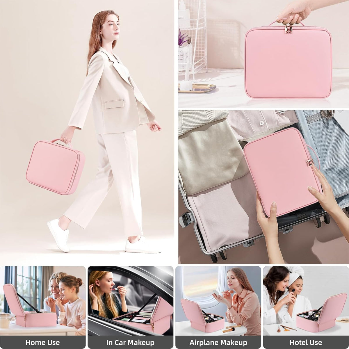 Travel Makeup Bag with Mirror of LED Lighted, Makeup Train Case with Adjustable Dividers, Makeup Case with Mirror and Detachable 10x Magnifying Mirror