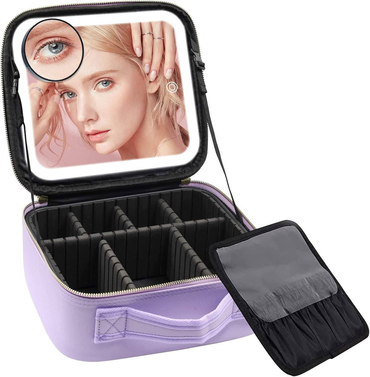 Travel Makeup Bag with Mirror of LED Lighted, Makeup Train Case with Adjustable Dividers, Makeup Case with Mirror and Detachable 10x Magnifying Mirror