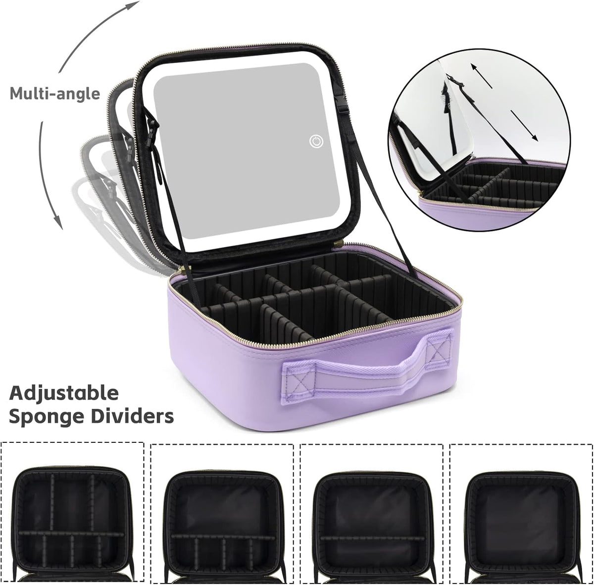 Travel Makeup Bag with Mirror of LED Lighted, Makeup Train Case with Adjustable Dividers, Makeup Case with Mirror and Detachable 10x Magnifying Mirror