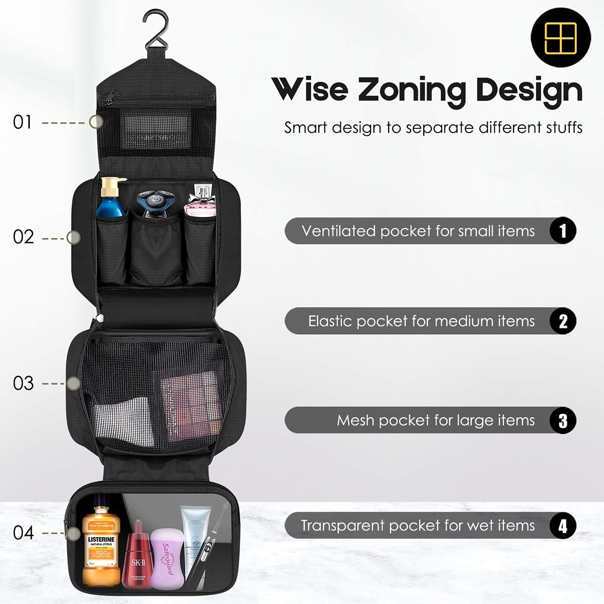 Travel Toiletry Bag for Women, Dopp Kit for Men, Waterproof Makeup Bag Shaving Bag with Hanging Hook, Portable Toiletry Organizer for Traveling and Camping